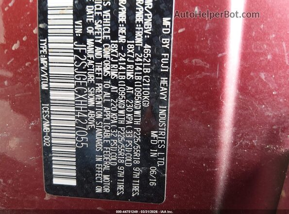 JF2SJGECXHH427055 2017 SUBARU FORESTER2. Red Շարժիչի բաժամունքի տեսք