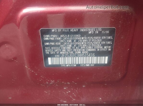 JF2SJGTC3HH515416 2017 SUBARU FORESTER2. Maroon Вид підкапотного простору