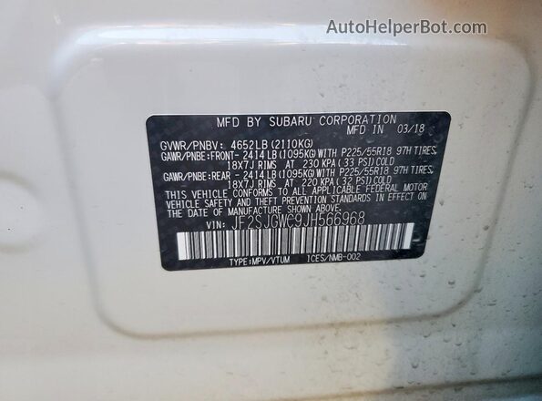 JF2SJGWC9JH566968 2018 SUBARU FORESTER2. White Vista de la etiqueta del VIN