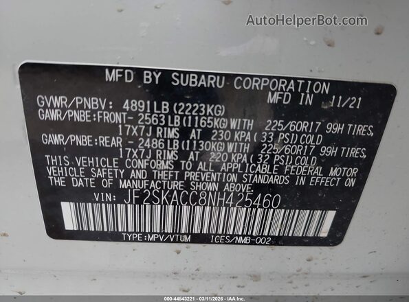 JF2SKACC8NH425460 2022 SUBARU FORESTER White Շարժիչի բաժամունքի տեսք