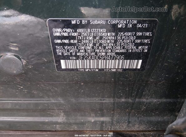 JF2SKADC5PH477906 2023 SUBARU FORESTER Green Вид підкапотного простору