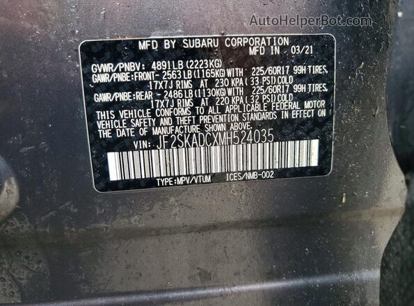 JF2SKADCXMH524035 2021 SUBARU FORESTER Gray VIN კოდის სტიკერის ხედი