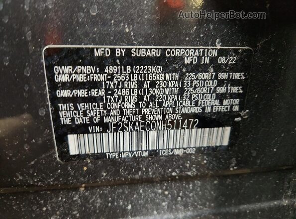 JF2SKAEC0NH511472 2022 SUBARU FORESTER Charcoal Engine compartment view