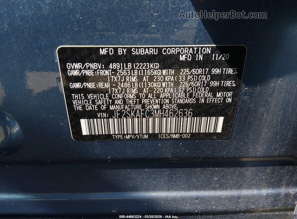 JF2SKAFC3MH462636 2021 SUBARU FORESTER Blue 