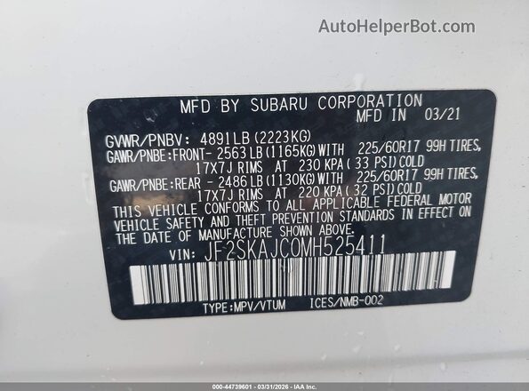 JF2SKAJC0MH525411 2021 SUBARU FORESTER Белый Вид подкапотного пространства