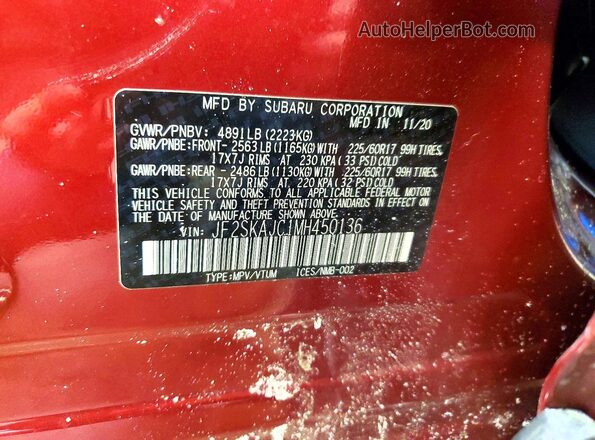 JF2SKAJC1MH450136 2021 SUBARU FORESTER Red Widok naklejki z numerem VIN