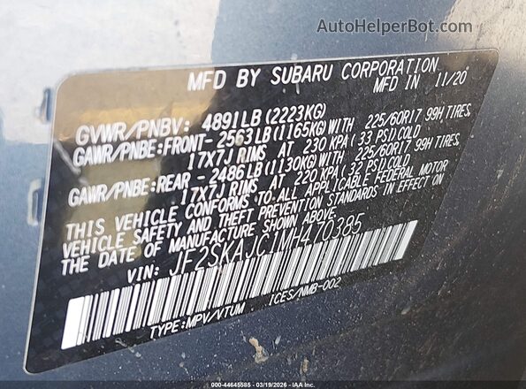 JF2SKAJC1MH470385 2021 SUBARU FORESTER Blue Widok komory silnika