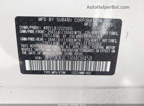 JF2SKAJC1RH408458 2024 SUBARU FORESTER White Vista del compartimento del motor