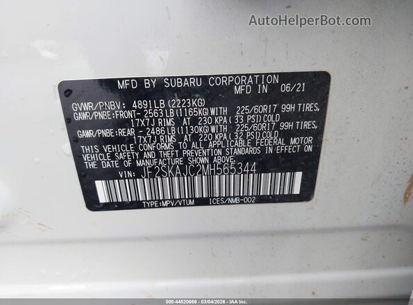 JF2SKAJC2MH565344 2021 SUBARU FORESTER White Շարժիչի բաժամունքի տեսք