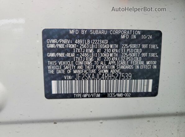 JF2SKAJC4RH527539 2024 SUBARU FORESTER White Widok komory silnika