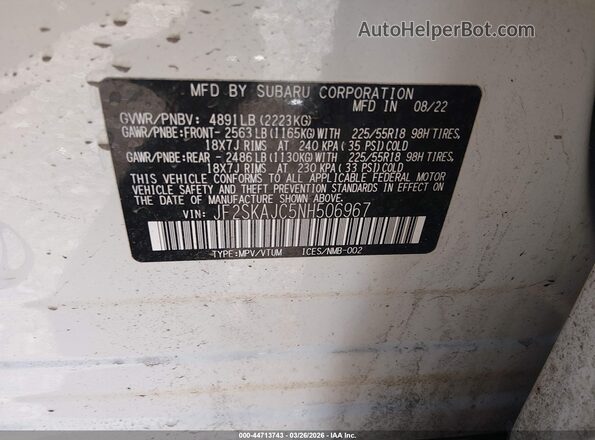 JF2SKAJC5NH506967 2022 SUBARU FORESTER Белый 