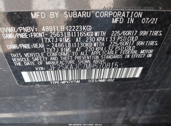 JF2SKAJC7MH570815 2021 SUBARU FORESTER Gray Շարժիչի բաժամունքի տեսք