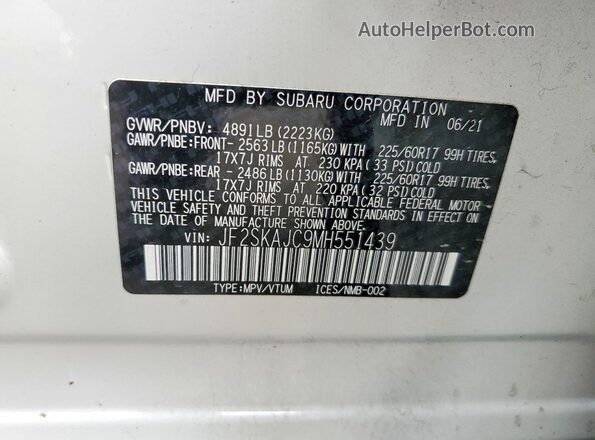 JF2SKAJC9MH551439 2021 SUBARU FORESTER White VIN կոդի պիտակի տեսք