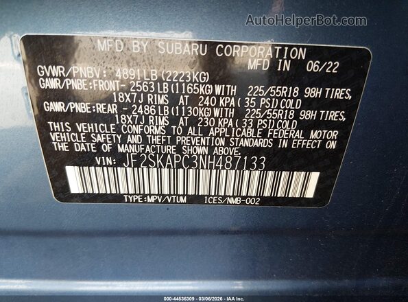 JF2SKAPC3NH487133 2022 SUBARU FORESTER Blue ძრავის განყოფილების ხედი