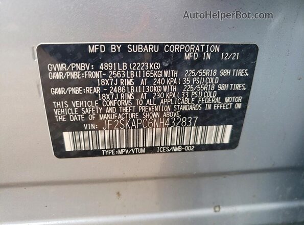 JF2SKAPC6NH432837 2022 SUBARU FORESTER Silver Vista del compartimento del motor