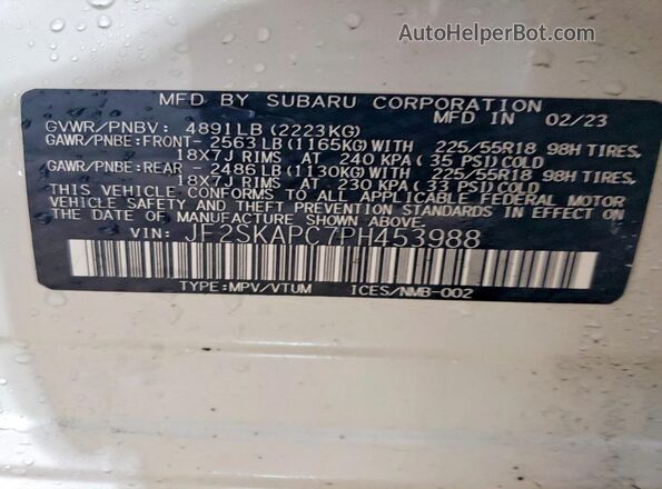 JF2SKAPC7PH453988 2023 SUBARU FORESTER White Вид наклейки з VIN-кодом