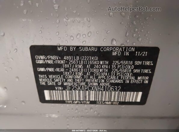 JF2SKAPCXNH410632 2022 SUBARU FORESTER Серебряный 