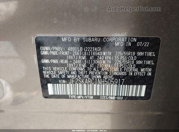 JF2SKARC1NH505917 2022 SUBARU FORESTER Brown Engine compartment view
