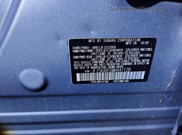 JF2SKARC6MH441128 2021 SUBARU FORESTER Silver Սալոնի 360 աստիճան տեսք