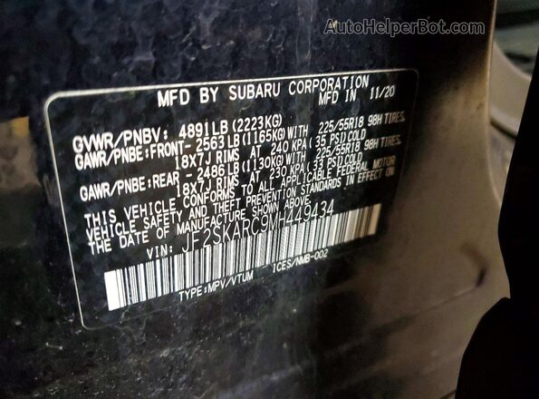 JF2SKARC9MH449434 2021 SUBARU FORESTER Blue VIN կոդի պիտակի տեսք