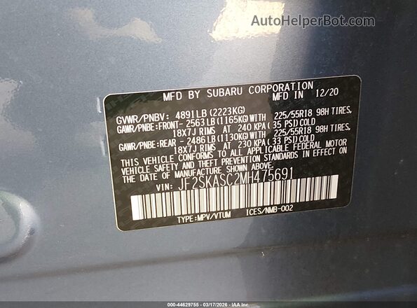JF2SKASC2MH475691 2021 SUBARU FORESTER Blue Engine compartment view