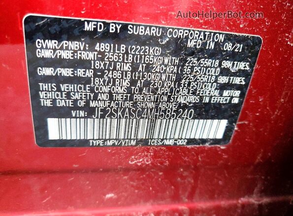 JF2SKASC4MH585240 2021 SUBARU FORESTER Burgundy Սալոնի 360 աստիճան տեսք