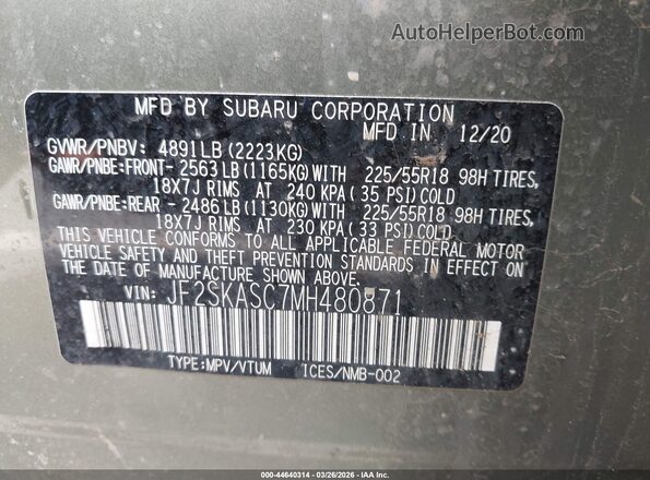 JF2SKASC7MH480871 2021 SUBARU FORESTER Green Vista del compartimento del motor