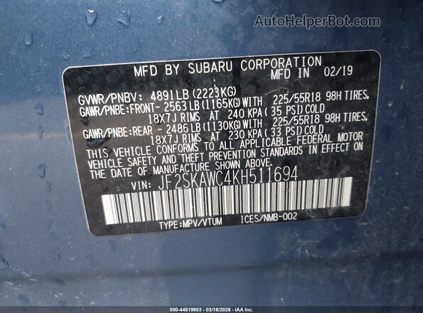 JF2SKAWC4KH511694 2019 SUBARU FORESTER Blue Вид підкапотного простору