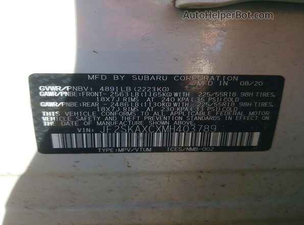 JF2SKAXCXMH403789 2021 SUBARU FORESTER White Widok komory silnika