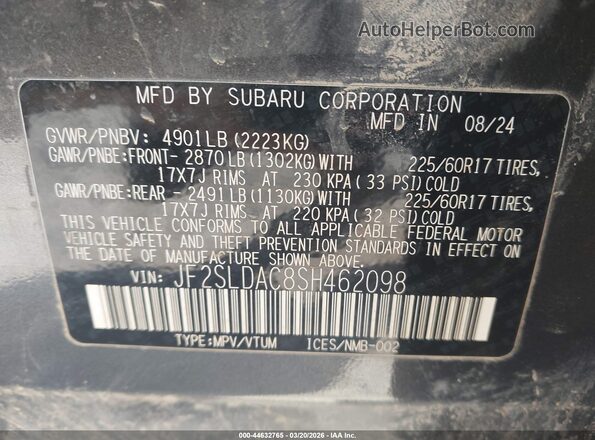 JF2SLDAC8SH462098 2025 SUBARU FORESTER Gray Widok komory silnika