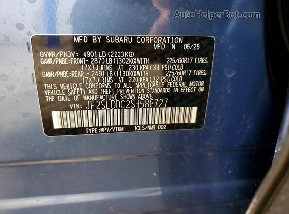 JF2SLDDC2SH588727 2025 SUBARU FORESTER Blue VIN კოდის სტიკერის ხედი