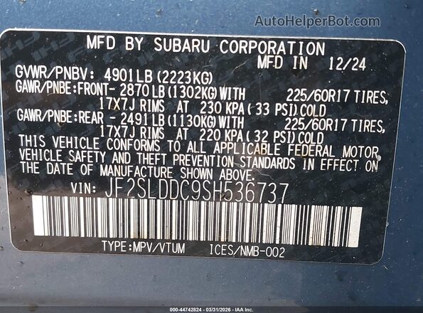 JF2SLDDC9SH536737 2025 SUBARU FORESTER Blue ძრავის განყოფილების ხედი