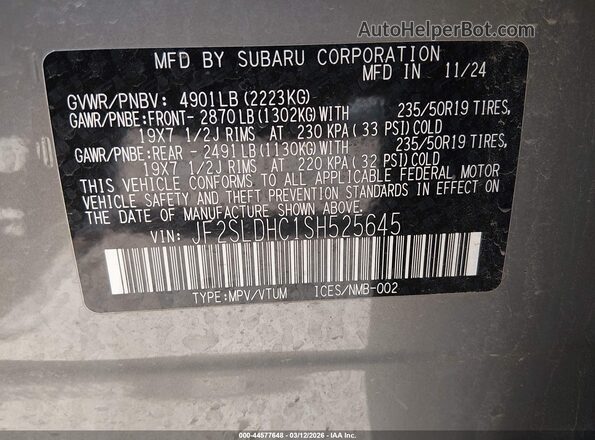 JF2SLDHC1SH525645 2025 SUBARU FORESTER Gray 