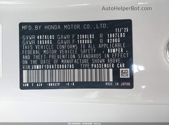 JHMBF1D66TX000705 2026 HONDA PRELUDE White Շարժիչի բաժամունքի տեսք