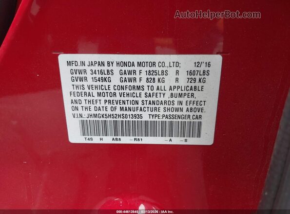 JHMGK5H52HS013935 2017 HONDA FIT Red 
