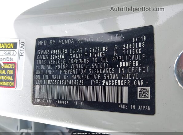 JHMZC5F15KC004329 2019 HONDA CLARITY White Vista del compartimento del motor