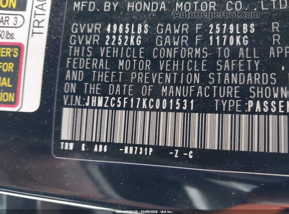 JHMZC5F17KC001531 2019 HONDA CLARITY Black 