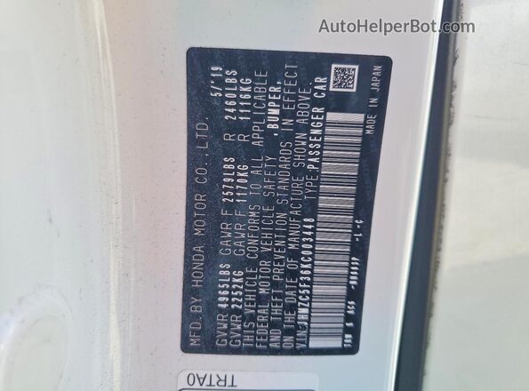 JHMZC5F36KC003448 2019 HONDA CLARITY White VIN կոդի պիտակի տեսք