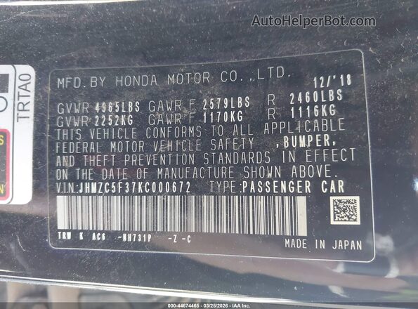 JHMZC5F37KC000672 2019 HONDA CLARITY Black Вид підкапотного простору