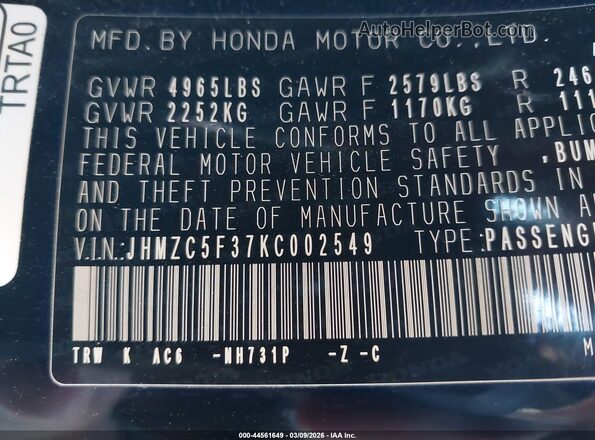 JHMZC5F37KC002549 2019 HONDA CLARITY Black Widok komory silnika