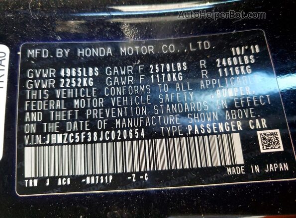 JHMZC5F38JC020654 2018 HONDA CLARITY Black VIN կոդի պիտակի տեսք