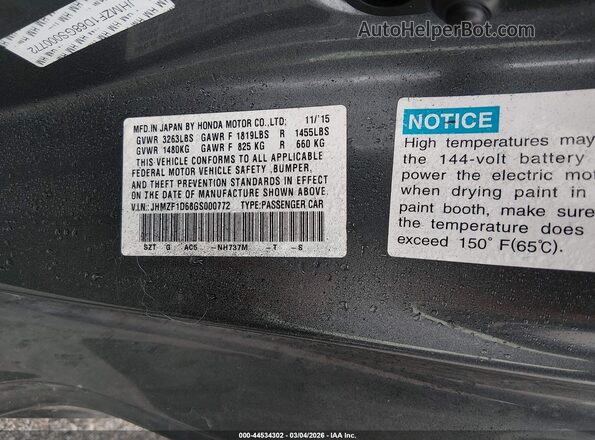 JHMZF1D68GS000772 2016 HONDA CR-Z Gray VIN sticker view