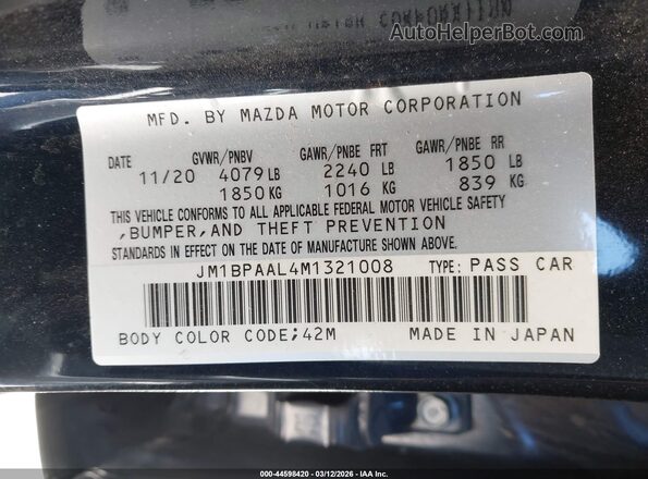JM1BPAAL4M1321008 2021 MAZDA 3 Dark Blue Շարժիչի բաժամունքի տեսք