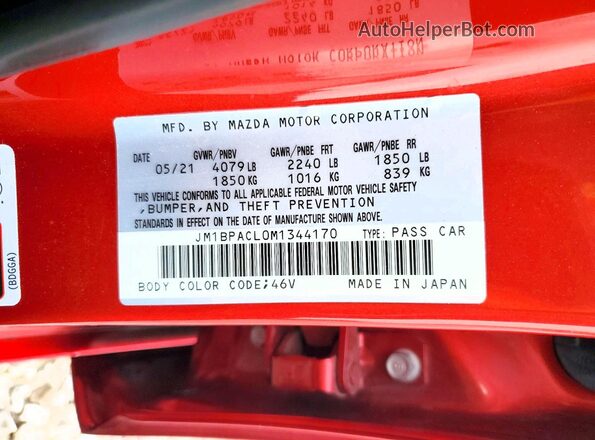 JM1BPACL0M1344170 2021 MAZDA 3 Red VIN კოდის სტიკერის ხედი