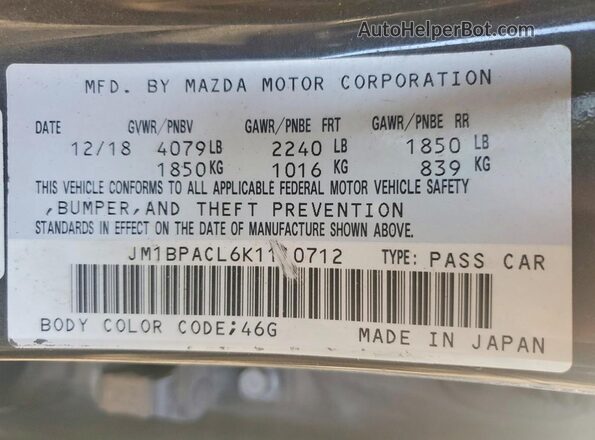 JM1BPACL6K1110712 2019 MAZDA 3 Charcoal Вид наклейки з VIN-кодом