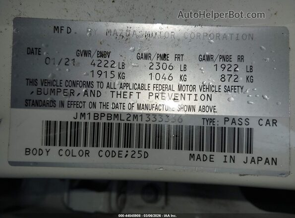 JM1BPBML2M1333336 2021 MAZDA 3 White Engine compartment view