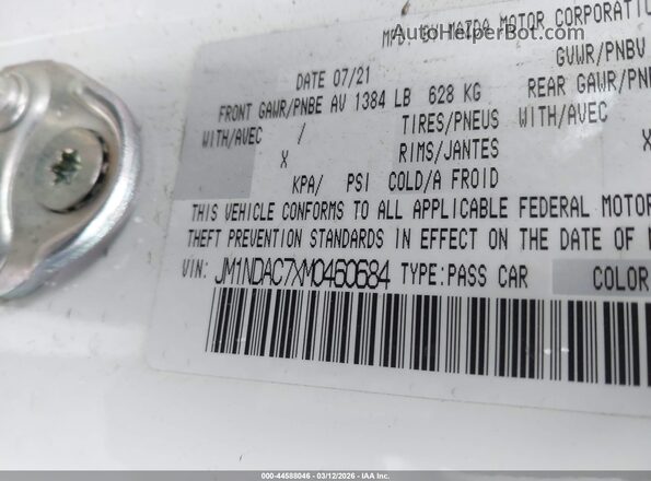 JM1NDAC7XM0460684 2021 MAZDA MX-5 MIATA White ძრავის განყოფილების ხედი