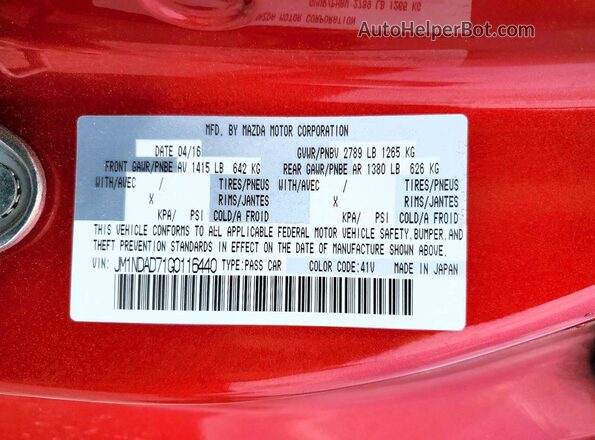 JM1NDAD71G0116440 2016 MAZDA MX-5 Red VIN sticker view