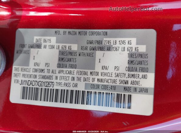 JM1NDAD7XG0102679 2016 MAZDA MX-5 MIATA Red Вид підкапотного простору