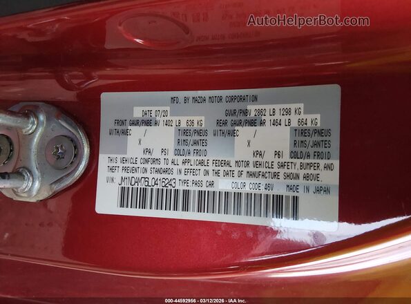 JM1NDAM76L0416243 2020 MAZDA MX-5 MIATA RF Red Շարժիչի բաժամունքի տեսք